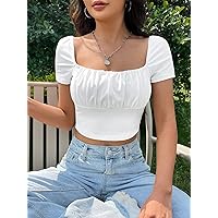 Women's T-Shirt Square Neck Ruched Bust Crop Tee T-Shirt for Women (Color : White, Size : Small)