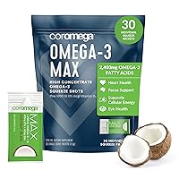 Coromega MAX High Concentrate Omega 3 Fish Oil with Vitamin D, 2400mg Omega-3s with 3X Better Absorption Than Softgels, 30 Single Serve Packets, Coconut Bliss Flavor