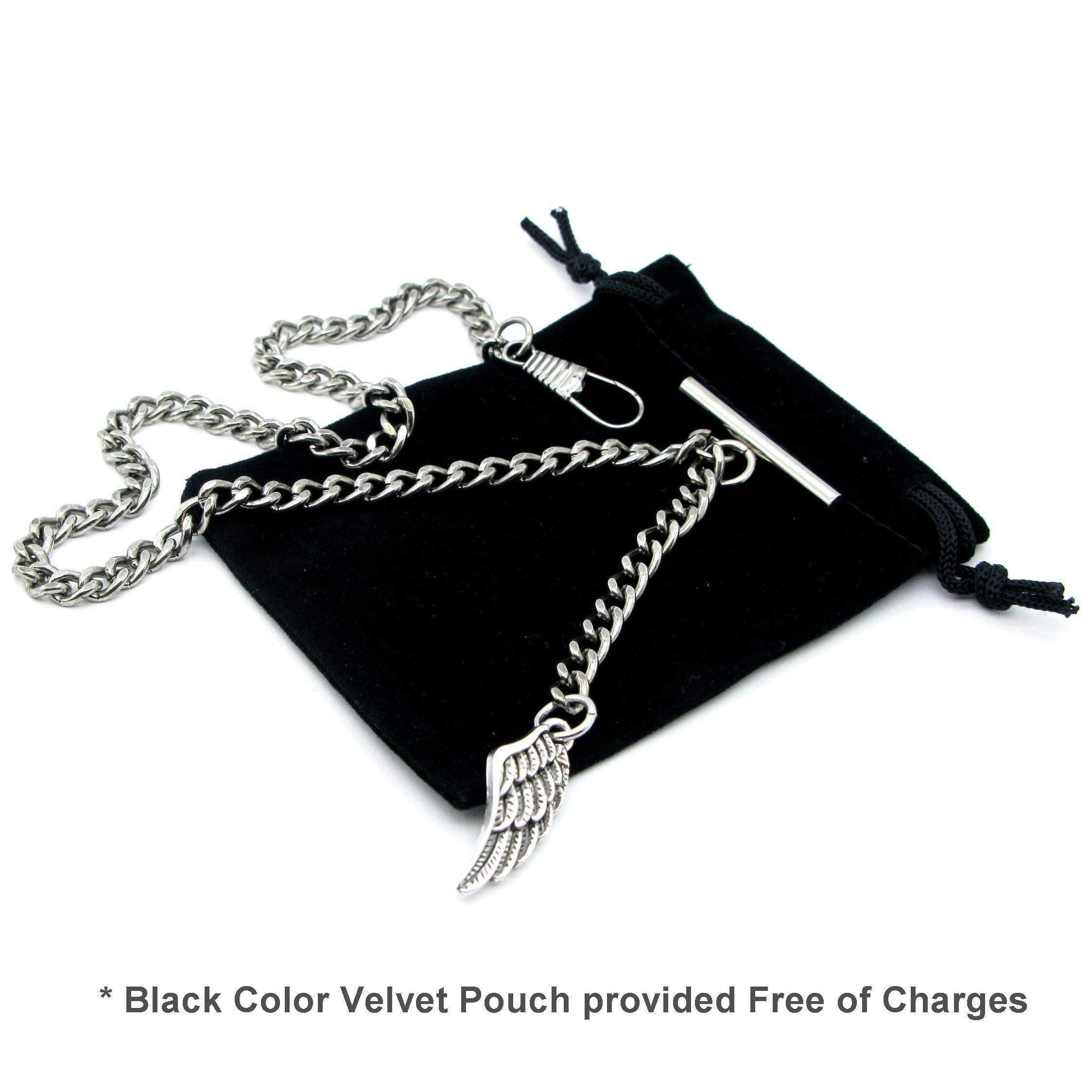 Albert Chain Silver Color Pocket Watch Chains for Men with Wing Design Fob T Bar AC59