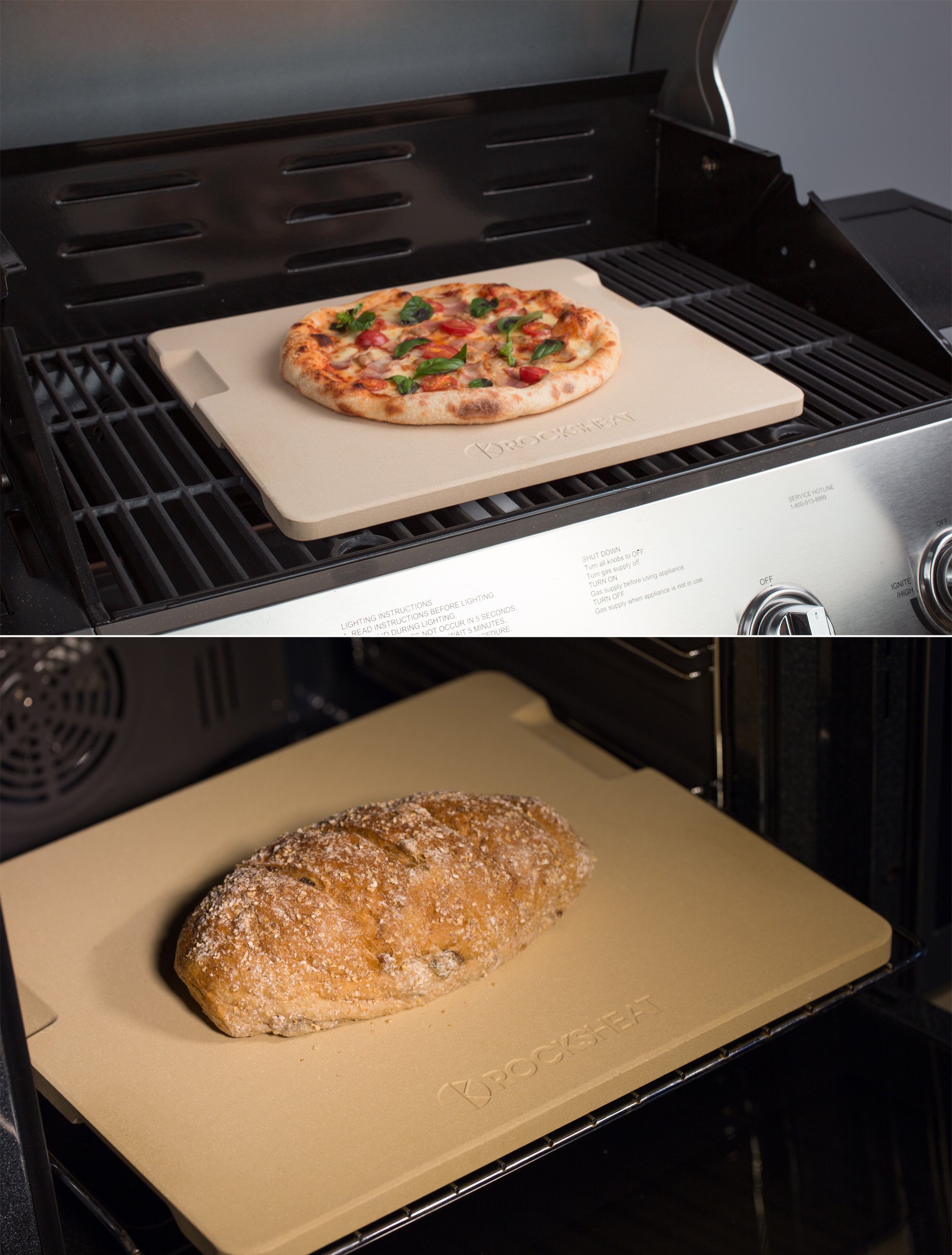 Pizza Stone Baking & Grilling Stone, Perfect for Oven, BBQ and Grill. Innovative Double - faced Built - in 4 Handles Design (14