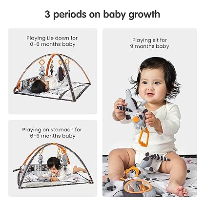 TUMAMA Baby Gym with Soft Removable Toys, Black and White High Contrast Baby Activity Mat Baby Play Mats for Tummy Time Infants Newborn Babies Shower Birthday Gifts,Washable