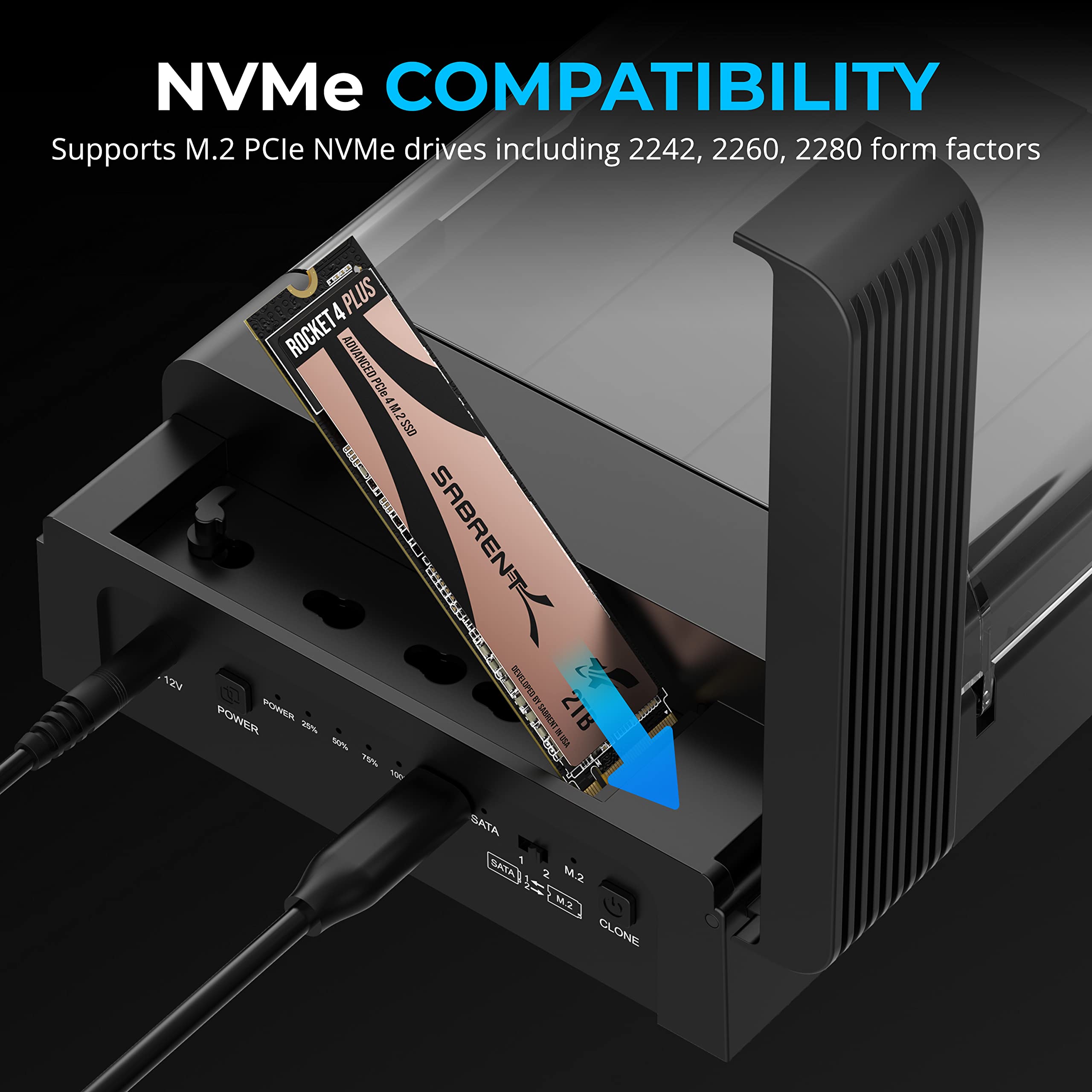 SABRENT USB Type-C Lay Flat Docking Station for M.2 PCIe NVMe + SATA 2.5'