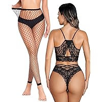Avidlove Fishnet Stockings Footless and Lace Cheeky Panties(Black, M)