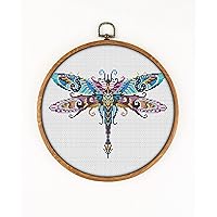Mandala Dragonfly CS537 - Counted Cross Stitch KIT#2. Set of Threads, Needles, AIDA Fabric, Needle Threader, Embroidery Clippers and Printed Color Pattern Inside.