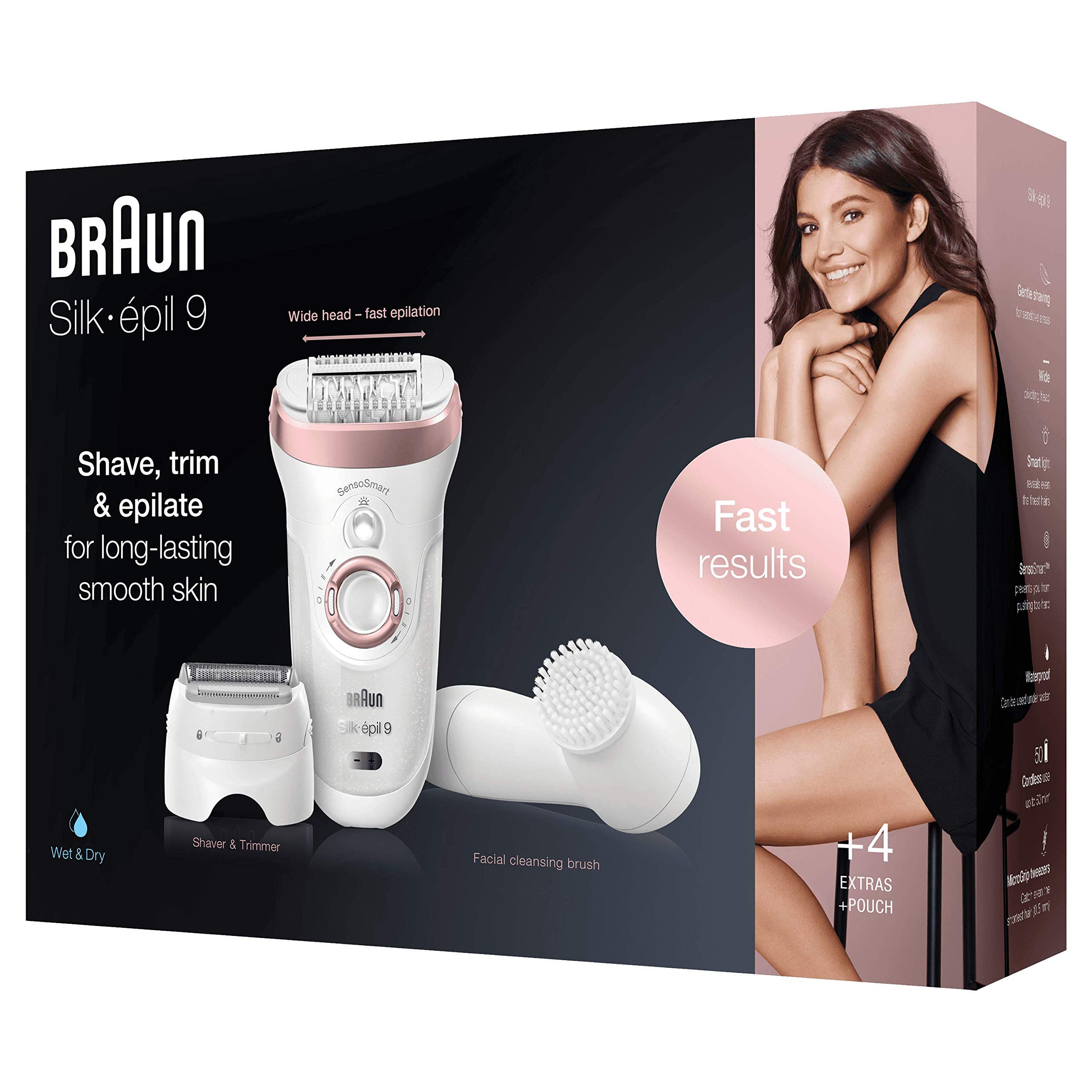 Braun Silk-épil 9-880 Epilator for Long-Lasting Hair Removal Includes a Facial Cleansing Brush High Frequency Massage Cap Shaver and Trimmer Head Cordless Wet and Dry Epilation for Women