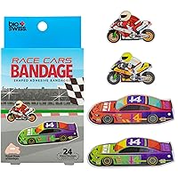BioSwiss Bandages, Race Cars Shaped Self Adhesive Bandage, Latex Free Sterile Wound Care, Fun First Aid Kit Supplies for Kids and Adults, 24 Count