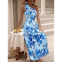 Summer Dresses for Women 2022 Floral Print One Shoulder -line Dress Dresses for Women (Color : Blue, Size : Medium)