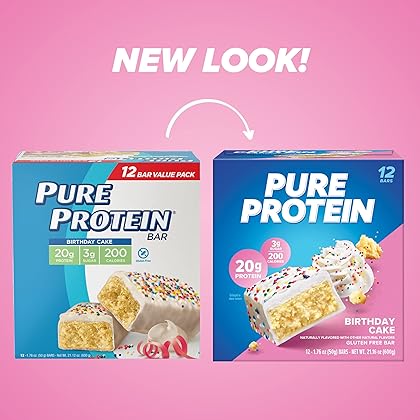 Pure Protein Bars, High Protein, Nutritious Snacks to Support Energy, Low Sugar, Gluten Free, Birthday Cake, 1.76 oz, Pack of 12 (Packaging May Vary)