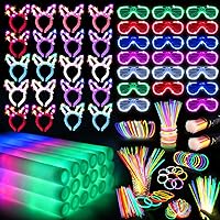 260PCS Glow in the Dark Party Supplies, Glow Sticks Glasses Favors, 20PCS Foam Glow Sticks, 20PCS LED Glasses, 20PCS Bunny Ear Headband and 200PCS Glow Sticks for Neon Party for Kids or Adults