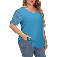 OLRIK Plus Size Tops for Women Summer Blouse Waffle Knit Short Lace Sleeve Shirts