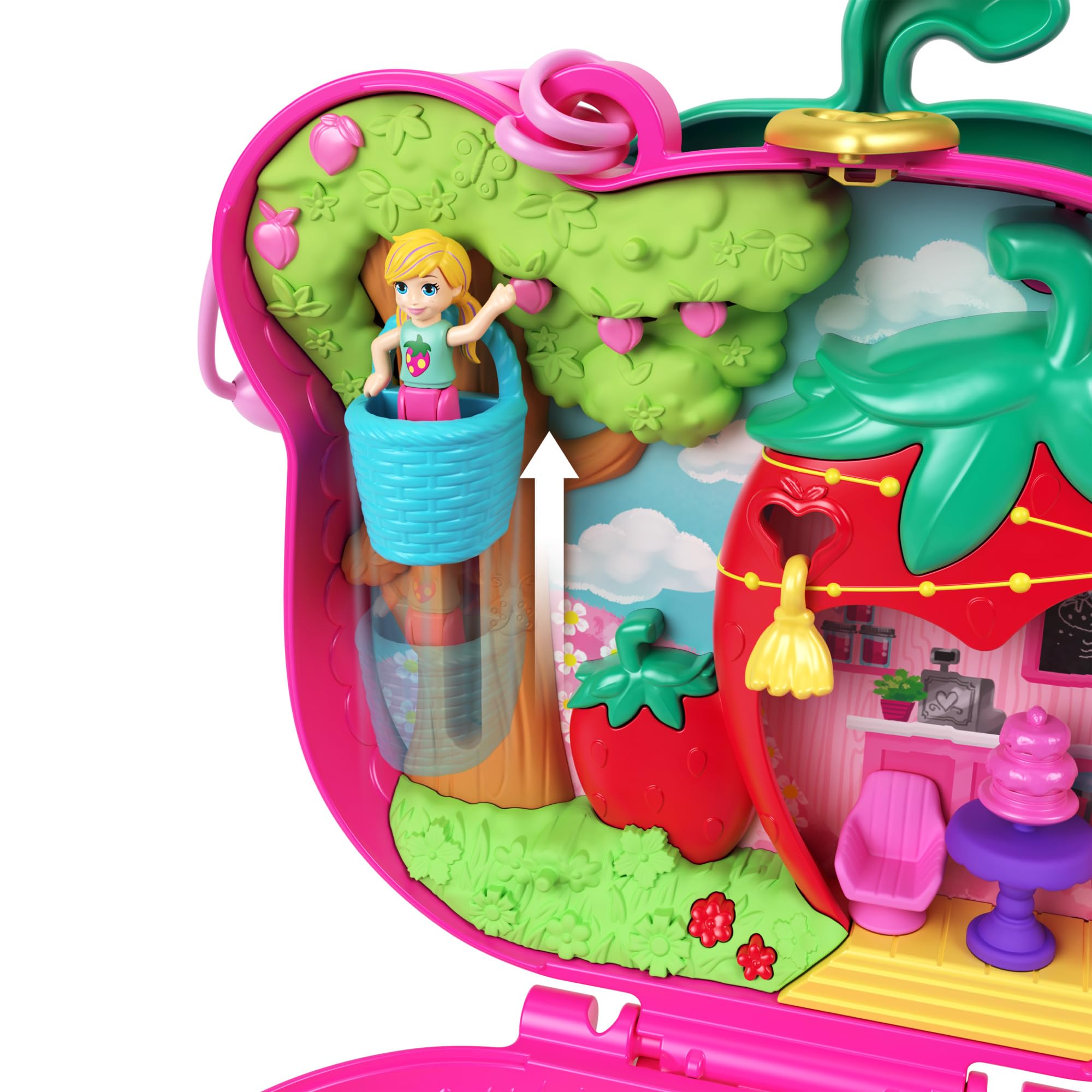 Polly Pocket Dolls and Playset, Travel Toy with Fidget Exterior, Straw-beary Patch Compact with 12 Accessories