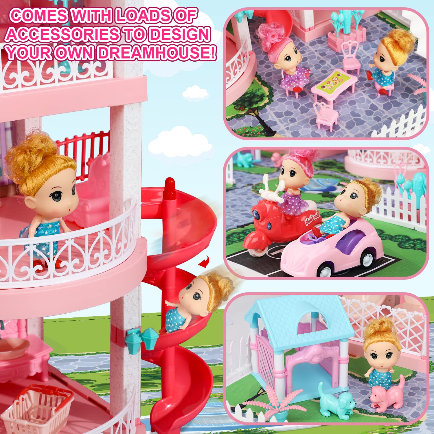TOY Life Dollhouse, Doll House 4-5 Year Old with Lights, 7 Princess Doll Dream House Rooms, 32