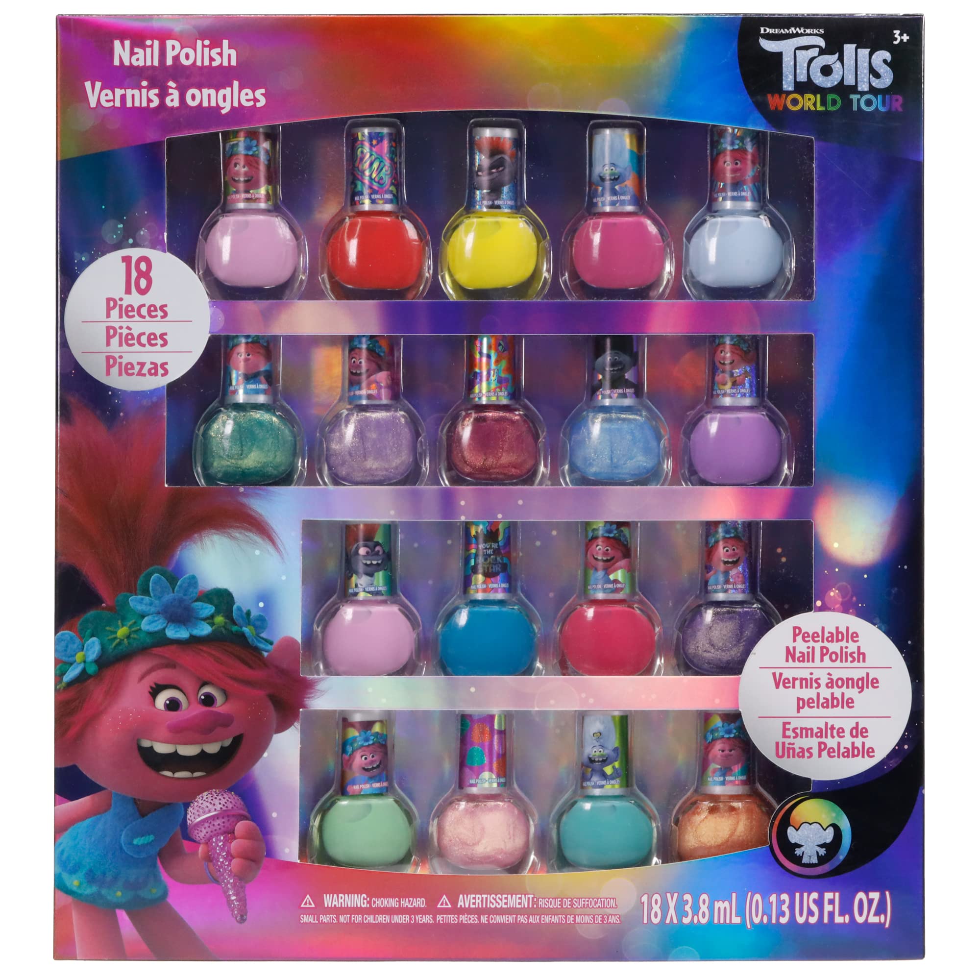 Townley Girl Trolls Peel-Off Water-Based Nail Polish Kit for Kids | Nail Paint Gift Set for Girls | Glittery and Opaque Colors | Ages 3+ (18 Pcs)