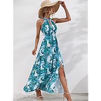 Dresses for Women - Allover Print Keyhole Neckline Split Thigh Dress (Color : Teal Blue, Size : Small)