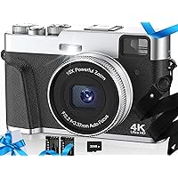 Upgraded 4K Digital Camera with SD Card Autofocus,48MP Point and Shoot Camera with Flash Viewfinder & Dial,Vlogging Camera Anti-Shake,16X Zoom Portable Travel Camera,2 Batteries