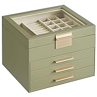 SONGMICS Jewelry Box with Glass Lid, 4-Layer Jewelry Organizer, 3 Drawers, for Big and Small Jewelry, Jewelry Storage, Modern Style, 8 x 9.1 x 6.5 Inches, Avocado Green and Gold Color UJBC173C02