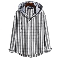Mens Flannel Plaid Shirts Hoodie Jackets Drawstring Button Down Long Sleeve Checkered Sweatshirts Outwears