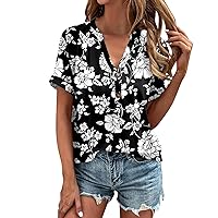 Floral Blouses for Women, 2024 Women's Summer Tunics Tops V Neck Button Short Sleeve Casual T Shirts Dressy, S XXL