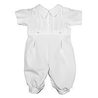 Baby Boys White Short Sleeve Collared Romper Coverall with Pin-Tucking