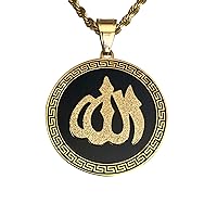 Round Allah Islamic Muslim Black Simulated Enamel Necklace Men Women 14k Gold Finish Pendant Stainless Steel Real 3 mm Rope Chain Necklace, Mens Jewelry, Iced Pendant, Rope Necklace
