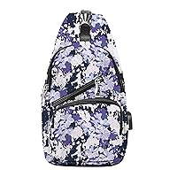 Anti-Theft Daypack Crossbody Sling Backpack, USB Charging Connector Port, Lightweight Day Pack for Travel, Hiking, Everyday, Regular, Purple Floral