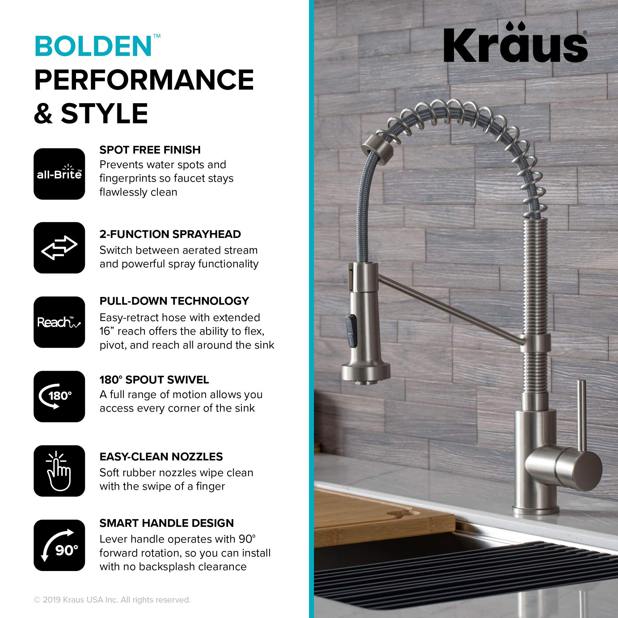 Kraus KPF-1610SFS Bolden 18-Inch Commercial Kitchen Faucet with Dual Function Pull-Down Sprayhead in all-Brite Finish, Spot Free Stainless Steel
