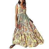 Women Tie Shoulder Smocked Maxi Dress Y2k Boho Tiered Flowy Long Dress Summer Sleeveless Floral Beach Sundress