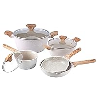 Country Kitchen Nonstick Cookware Sets - 5 Piece High Quality Nonstick Cast Aluminum Pots and Pans with BAKELITE Handles - Non-Toxic Pots and Pans- Speckled Cream with Light Wood Handles