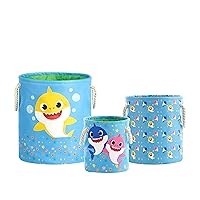 Idea Nuova Baby Shark 3 Piece Multi Size Fabric Nestable Toy Storage Basket Set, with Rope Carry Handles