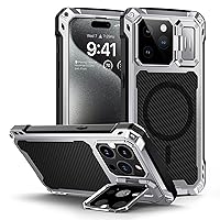 Lanhiem iPhone 15 Pro Max Metal Case, [Built-in Camera Kickstand & Glass Screen Protector] Protective Heavy Duty Full Body Military Rugged Shockproof Magnetic Cover (Silver)