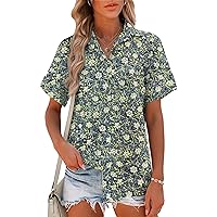 HOTOUCH Linen Button Down Shirt Women Cotton Short Sleeve Blouses V Neck Collared Button Up Summer Beach Tops