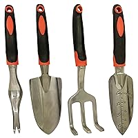 Set of 4 Gardening Tool Set - Transplant Trowel, Hand Cultivator Rake, Hand Trowel, and Weed Remover - Sturdy Tools with Rubberized Grip Handles