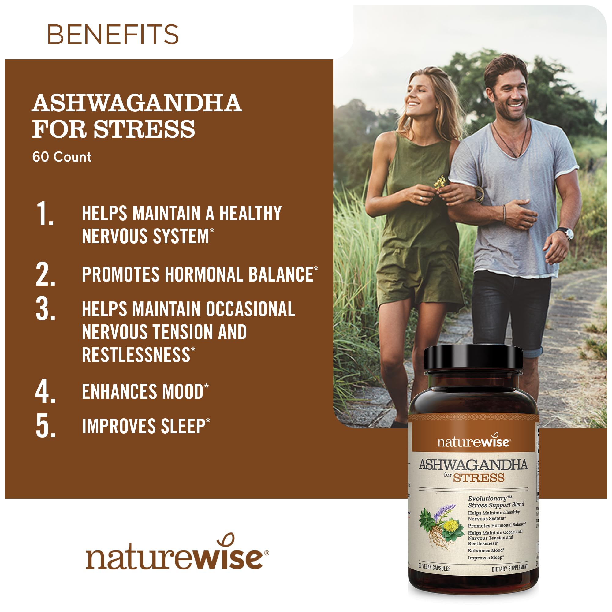 NatureWise Ashwagandha for Stress | Calming KSM-66 Herbal Supplement Extract + GABA, L-Theanine, Rhodiola Rosea, Light Brown, 60 Count