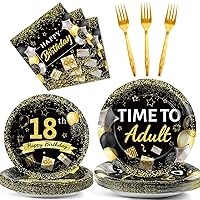 96 Pcs 18th Birthday Party Plates and Napkins Party Supplies Time To Adult 18 Years Old Birthday Party Tableware Set Black Gold 18th Birthday Decorations Favors for Boys Girls for 24 Guests