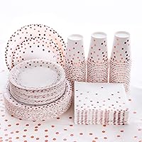201PCS Disposable Paper Plates Rose Gold Party Supplies, Polka Dots Birthday and Baptism Decorations, include Cups, Napkins, Plastic Tablecloth, for Valentines Day Baby Shower