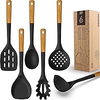 Large Silicone Cooking Utensils Set - Heat Resistant Silicone Kitchen Utensils for Cooking w Wooden Handles, Spatula Set, Kitchen Utensil Gadgets Sets for Non-Stick Cookware, BPA Free (Black)