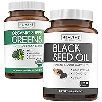 Super Greens & Black Seed (2-Month Supply) Greens Oil Synergy Bundle of Organic Super Greens Powder - Complete Superfood (120 Capsules) & Black Seed Oil - Cold-Pressed Nigeilla Sativa (120 Caps)