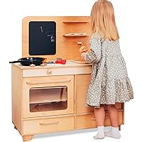 Kids Pretend Play Kitchen Wooden Montessori Playroom Furniture Nursery Decor Birthday Gift for Toddler Girl Wood Natural Baby Neutral Room (Natural)
