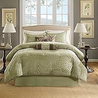 Madison Park Freeport King Size Bed Comforter Set Bed in A Bag - Olive Green, Jacquard Palm Leaf – 7 Pieces Bedding Sets – Peach Skin Fabric Bedroom Comforters