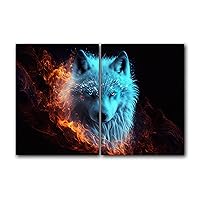 Wolf Face in Ice and Fire Portrait, Style 2, Set of 2 Poster Print Painting, Wall Décor, Multiple Sizes (5 x 7 Inches)