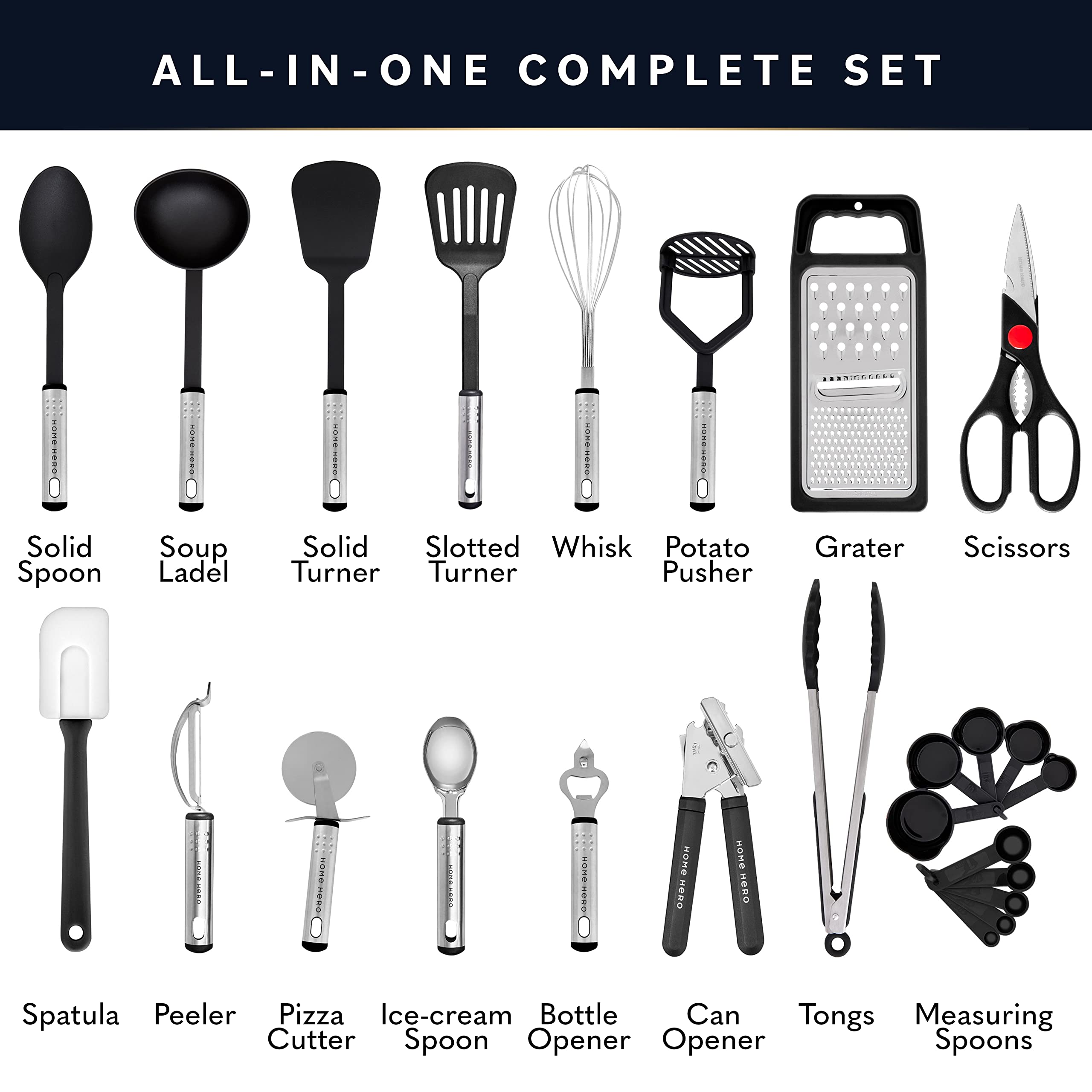 Home Hero 25-pcs Kitchen Utensils Set - Nylon & Stainless Steel Cooking Utensils Set with Spatula - Kitchen Gadgets & Kitchen Tool Gift Set