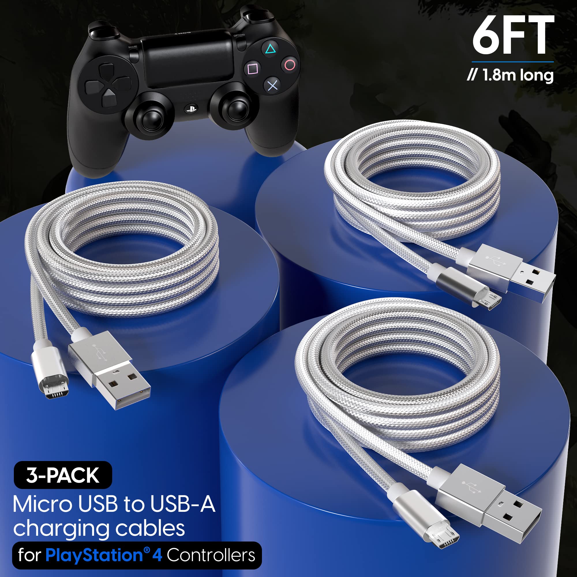 TALK WORKS Playstation 4 Controller Charging Cable Micro USB - 6' Long Braided Heavy Duty Fast Charger Cord for PS4 (Silver, Pack of 3) (14094)