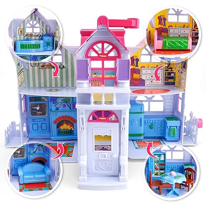 My Pretty Dollhouse Fold and Go Pretend Play Mini Folding Doll House Playset with Pocket Toy Family Figures, Home Furniture and Accessories