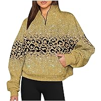 Womens Fashion Leopard Sweatshirts Half Zip Stand Collar Pullover Long Sleeve Drop Shoulder Casual Loose Fit Shirts