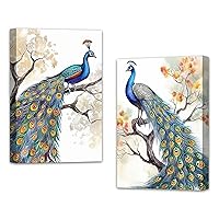 LZIMU Peacock Canvas Prints Wall Art 2 Panels Elegant Blue Peacock Couple Paintings Abstract Birds Picture Romantic Artwork for Bedroom Living Room Decor Framed (11