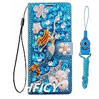 Sparkly Leather Wallet Phone Case for Nokia with 2 Pack Glass Screen Protector and 2 Lanyards, Bling Flip Girly Cover (Blue Mermaid,for Nokia G300)