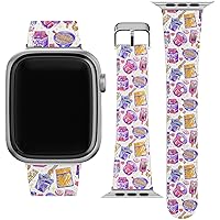 Wrist Band Compatible for Apple Watch Series 7/6/5/4/3/2/1/SE & Matching Phone Case Japanese Anime Bracelet Replacement Strap 38-40-42-44 mm Korean Snacks PU Leather Street Food Print Kawaii