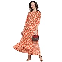 Janasya Indian Women's Peach Pure Cotton Ethnic Dress