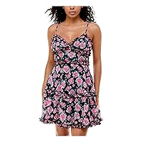 B Darlin Womens Black Stretch Ruffled Zippered Sheer Lined Metallic Floral Spaghetti Strap Sweetheart Neckline Short Party Fit + Flare Dress Juniors 1