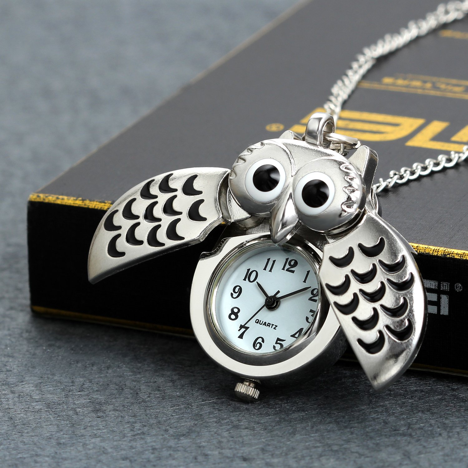 Lancardo Pocket Watch for Men and Women Bright Silver Tone Owl Pocket Fob Watch with Chain Military 24H Time for Mother's Day Father's Day